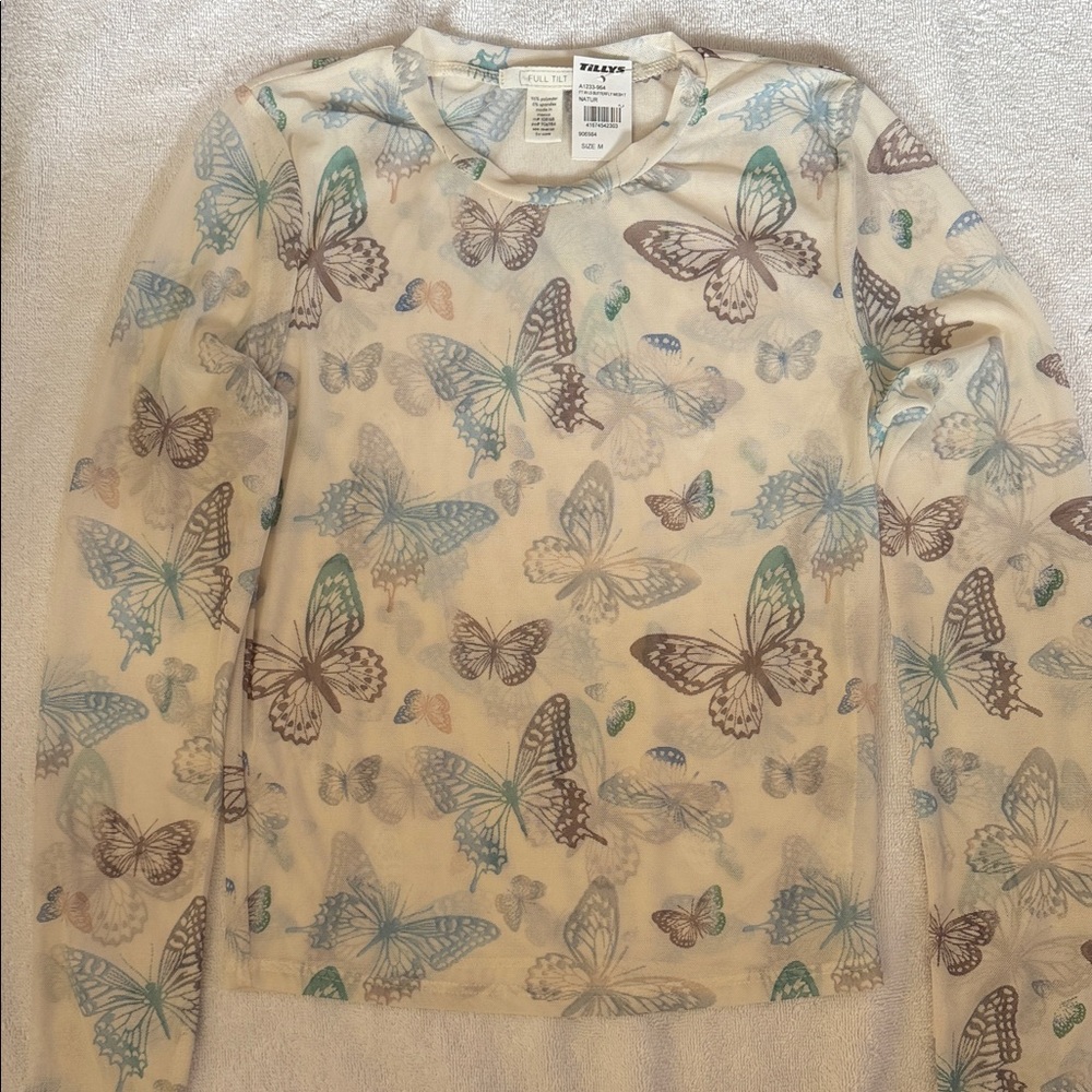 Full Tilt Butterfly Mesh Top in Cream and Blue